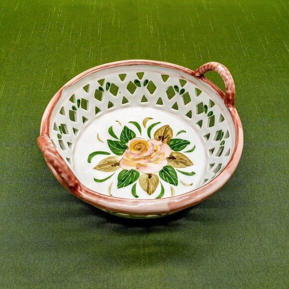 Handcrafted Thai Rose Pink Green Reticulated Double Handle Ceramic Dish - Picture 1 of 5